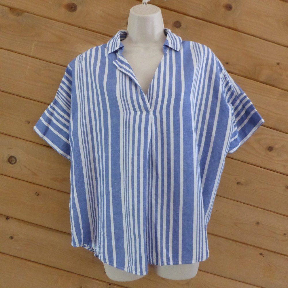 Madewell Courier Button-Back Shirt Hinsdale Stripe Blue White Oversized Top M